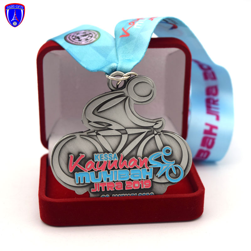 Custom high quality City Bike Race Medal enamel color antique silver metal medal with ribbon