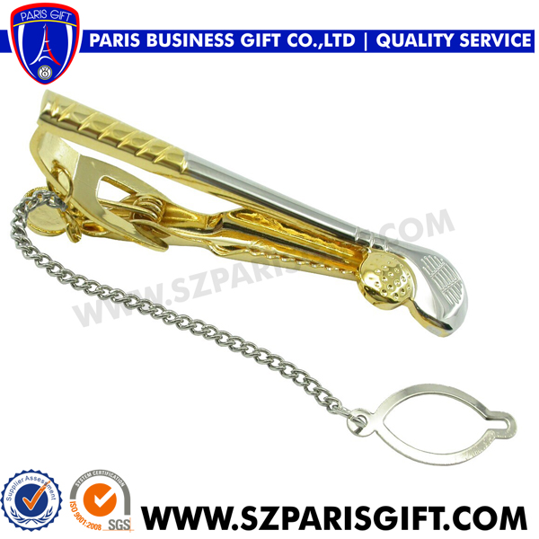 High End 3D Golf Tie Pin Gold Silver Plated Metal Tie Clip/Tie Bar/Tie Pin With Chain